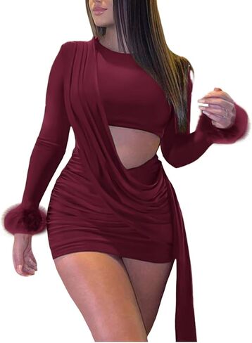 Aro Lora Womens Sexy Ruched Cutout Bodycon Dresses Long Sleeve Fuzzy Cuff Party Club Mini Dress in Saudi Arabia