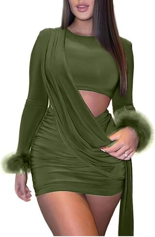 Aro Lora Womens Sexy Ruched Cutout Bodycon Dresses Long Sleeve Fuzzy Cuff Party Club Mini Dress in Saudi Arabia