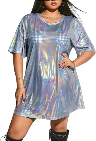 Floerns Women's Plus Size Metallic T Shirt Dress Streetwear Half Sleeve Tunic Short Dresses in Saudi Arabia