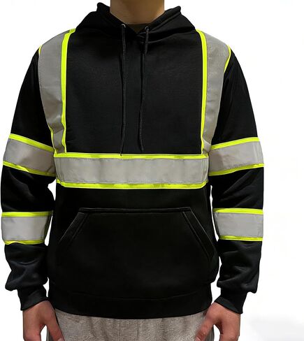Hi Vis Safety Hoodie Class 3 High Visibility Sweatshirt Pullover Reflective Sweater for Construction, Black, XL in Saudi Arabia