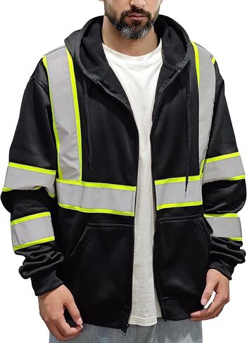 Hi Vis Safety Hoodie Class 3 High Visibility Sweatshirt Pullover Reflective Sweater for Construction, Black, XL in Saudi Arabia