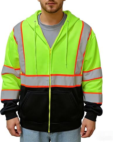 Hi Vis Safety Hoodie Class 3 High Visibility Sweatshirt Pullover Reflective Sweater for Construction, Black, XL in Saudi Arabia