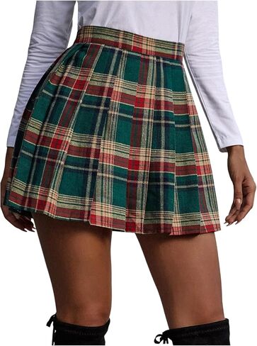 Floerns Women's Plaid Print Skater Skirt Uniform Pleated Hem High Waist Mini Skirt in Saudi Arabia