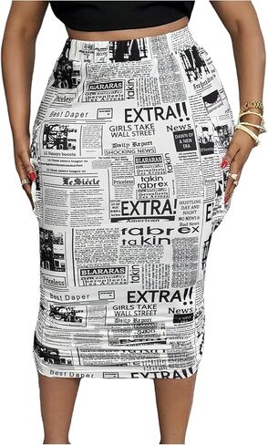 تنورة WDIRARA النسائية بمقاس كبير وطباعة الصحف ورباط جانبي، تنورة متوسطة الطول مع جيوب in Kuwait