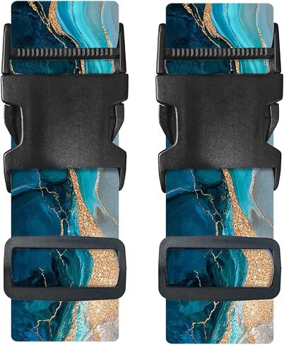 Nuxovilar Luggage Straps of 2 Set Blue & Gold Fluid Art Pattern, 1.96x90.5 inches - Luggage Straps for Suitcases, Nice for Art Lovers, Travel, Adventures in Saudi Arabia