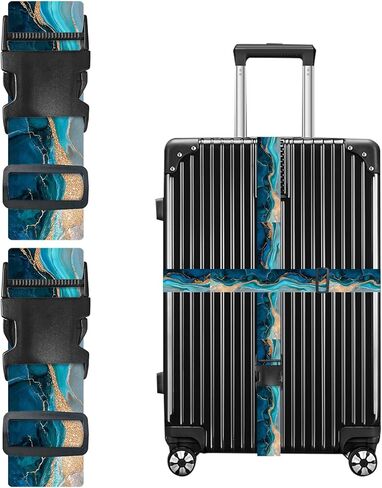 Nuxovilar Luggage Straps of 2 Set Blue & Gold Fluid Art Pattern, 1.96x90.5 inches - Luggage Straps for Suitcases, Nice for Art Lovers, Travel, Adventures in Saudi Arabia