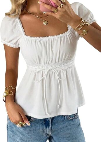 SOLY HUX Women's Square Neck Short Sleeve Peplum Tops Tie Front Summer Tee Shirt Streetwear in Saudi Arabia
