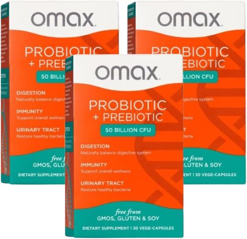 Omax Prebiotic & Probiotic 50 Billion CFU + Chicory Inulin, 10 Strains, Reduce Bloating, Digestion, SIBO, Leaky Gut, Vaginal pH, Acidophilus, Vegan, Dairy Free, Gluten Free, Blister Packaged in Kuwait