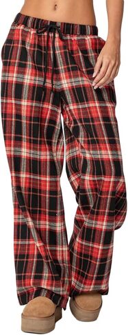 Women's Casual Gingham Pants Plaid Print Wide-Leg Trousers Elastic Wasit Pajama Bottom Lounge Pants Sleepwear in Saudi Arabia