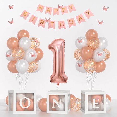 زينة عيد الميلاد الأول للصبي - 40 بوصة، رقم واحد أزرق، بالونات بيضاء زرقاء فاتحة، بالونات عيد ميلاد سعيد وصناديق بالونات واحدة للأطفال بعمر سنة واحدة in Kuwait