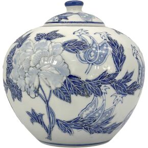 جالت انترناشيونال 8 بوصة أزرق وأبيض على شكل زهرة رافعة صينية مع غطاء برطمان زنجبيل مزخرف قطعة مركزية لتخزين الشاي برطمان حلوى ديكور منزلي مزهرية in Kuwait