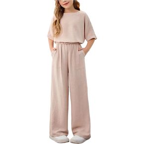 RoseSeek Girl's 2 Piece Casual Linen Summer Outfits Oversize Half Sleeve T Shirt and Wide Leg Pants in Kuwait