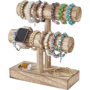 PH PandaHall 2 Tier Wooden Bracelet Holder Stand, Rustic T-bar Jewelry Organizer Tower Bangle Watch Scrunchie Display Stand Jewelry Storage Rack for Bracelet Home Boutique Vendor Booth Selling in Saudi Arabia