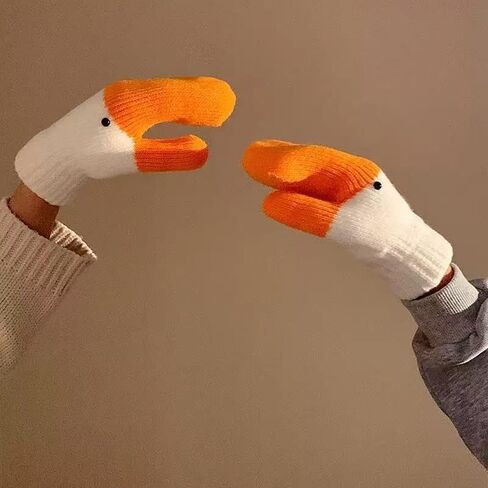 Goose Design Winter Gloves - Fleece Lined, Elastic Cuffs, Soft & Warm Knitted Gloves, Cute Animal Style for Cold Weather in Saudi Arabia