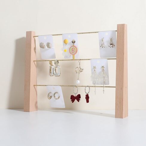 GemeShou 3 Tiers Beech Earring display stands for selling, Wooden Jewelry Shelf, Earring Storage Organizer, Brass earring holders with 42 holes for stud Dangle Hoop【Beech 3-Tier】 in Kuwait