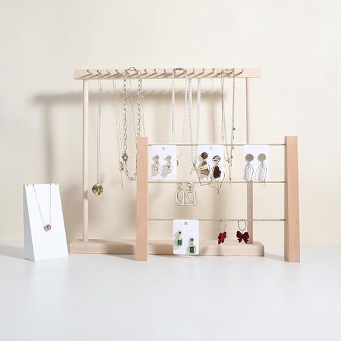 GemeShou 3 Tiers Beech Earring display stands for selling, Wooden Jewelry Shelf, Earring Storage Organizer, Brass earring holders with 42 holes for stud Dangle Hoop【Beech 3-Tier】 in Kuwait