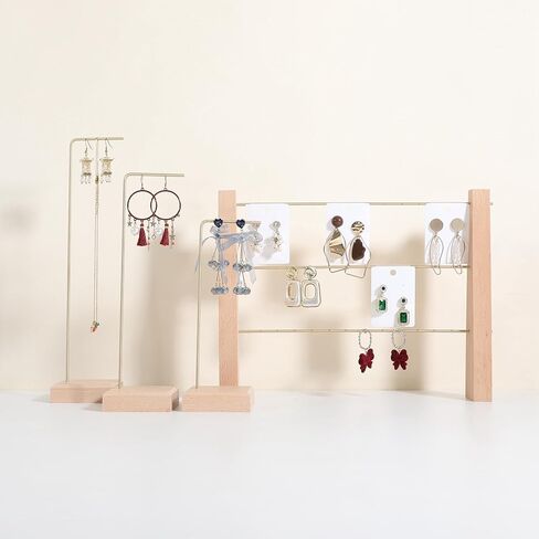 GemeShou 3 Tiers Beech Earring display stands for selling, Wooden Jewelry Shelf, Earring Storage Organizer, Brass earring holders with 42 holes for stud Dangle Hoop【Beech 3-Tier】 in Kuwait