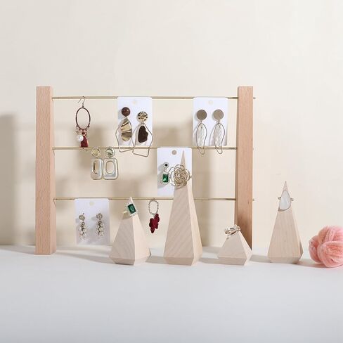 GemeShou 3 Tiers Beech Earring display stands for selling, Wooden Jewelry Shelf, Earring Storage Organizer, Brass earring holders with 42 holes for stud Dangle Hoop【Beech 3-Tier】 in Kuwait