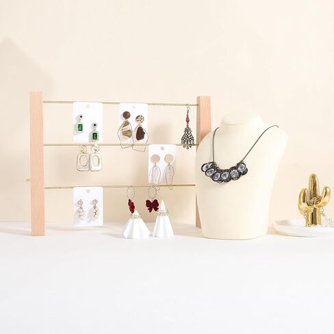 GemeShou 3 Tiers Beech Earring display stands for selling, Wooden Jewelry Shelf, Earring Storage Organizer, Brass earring holders with 42 holes for stud Dangle Hoop【Beech 3-Tier】 in Kuwait