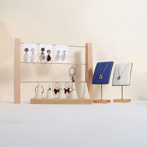 GemeShou 3 Tiers Beech Earring display stands for selling, Wooden Jewelry Shelf, Earring Storage Organizer, Brass earring holders with 42 holes for stud Dangle Hoop【Beech 3-Tier】 in Kuwait