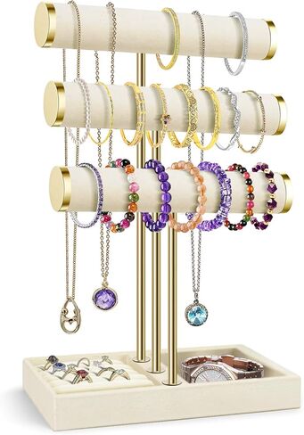 Flexzion 3 Tier Bracelet Holder Display Stand - Black Velvet Bracelet Holder Organizer with Detachable T Bar - Jewelry Display Stand for Bracelets, Bangles, Necklace, Watches, Rings in Saudi Arabia