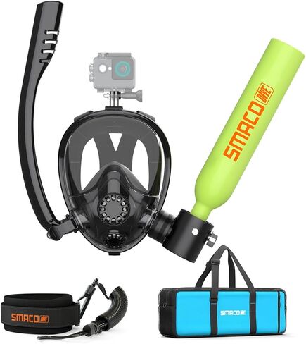 SMACO Mini Scuba Tank مع قناع كامل للوجه سعة 0.5 لتر يوفر خزان الغوص حوالي 6 دقائق لدعم التنفس تحت الماء 30 قدمًا من عمق الغوص، زجاجة حصان محمولة مع مضخة يدوية للغوص في المياه الضحلة in Kuwait
