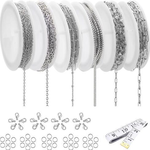 112 Feet Stainless Steel Chain for Jewelry Making, 14 Style Necklace Jewelry Chains for DIY Necklace Bracelet Craft Jewelry Making Supplies with Stainless Steel Jump Rings Lobster Clasp Connectors in Kuwait