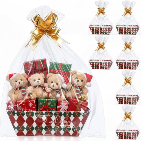 Nuogo 6 Pack 6 x 10'' Christmas Basket for Gift Empty Christmas Basket with Bag, Bow, DIY Gift Basket Box Tray with Handle for Xmas Birthday Party Gifts in Kuwait