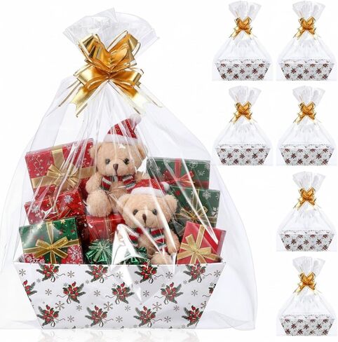 Nuogo 6 Pack 6 x 10'' Christmas Basket for Gift Empty Christmas Basket with Bag, Bow, DIY Gift Basket Box Tray with Handle for Xmas Birthday Party Gifts in Kuwait