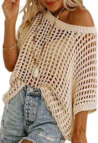 ATHMILE Womens Short Sleeve Sweaters Scoop Neck Summer Beach Cover up Casual Crochet Hollow Out Knit Tops Pullover Shirts in Saudi Arabia