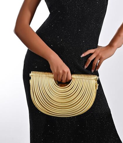 Half-Moon Clutch Purse for Women Wedding Woven Evening Shoulder Bag Top Handle Gold Party Prom Handbag in Saudi Arabia