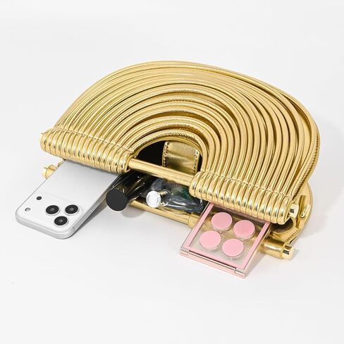 Half-Moon Clutch Purse for Women Wedding Woven Evening Shoulder Bag Top Handle Gold Party Prom Handbag in Saudi Arabia