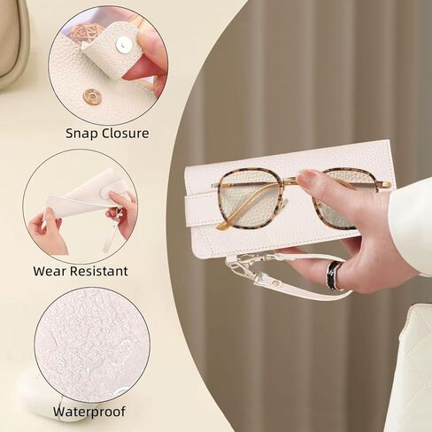 حافظات نظارات ناعمة، حقيبة نظارات شمسية محمولة مع حزام معصم بمشبك زر، حافظات جلدية للنظارات حافظة نظارات سفر للنساء والرجال (أبيض) in Kuwait