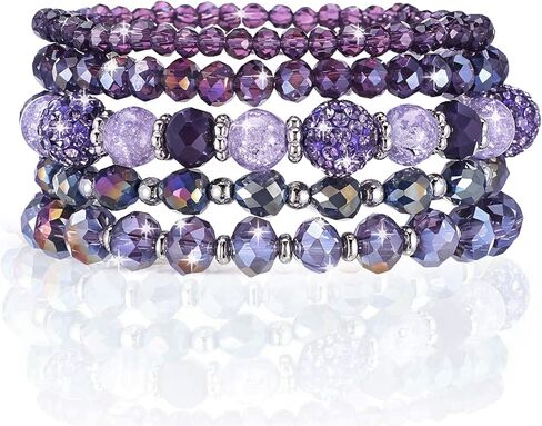 5Pcs Bohemian Beaded Bracelets for Women, Stackable Boho Disco Ball Crystal Beads Bracelet, Multilayered Faceted Glass Beads Stretch Bracelets, Jewelry Gift for Women (Purple) in Saudi Arabia