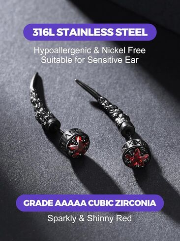 Richsteel Red/Black Cubic Zirconia Stud Earrings with Dangling Cuban Chain for Men Women Stainless Steel Hypoallergenic Punk Rock Street Viking Style Wolf Tooth Ear Stud in Saudi Arabia