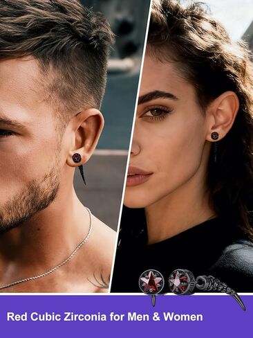 Richsteel Red/Black Cubic Zirconia Stud Earrings with Dangling Cuban Chain for Men Women Stainless Steel Hypoallergenic Punk Rock Street Viking Style Wolf Tooth Ear Stud in Saudi Arabia