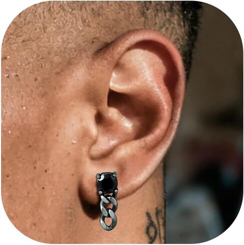 Richsteel Red/Black Cubic Zirconia Stud Earrings with Dangling Cuban Chain for Men Women Stainless Steel Hypoallergenic Punk Rock Street Viking Style Wolf Tooth Ear Stud in Saudi Arabia