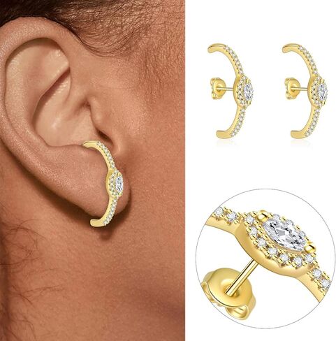 18K Gold Plated Huggie Earrings for Women | Dainty CZ Evil Eye Pavé Ear Stud Crawler Hugs Faux Diamond Ear Climber Fashion Earrings in Saudi Arabia