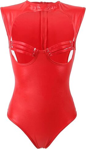 Women's Sexy Faux Leather Bodysuit Sleeveless Cutout Jumpsuit with Hollow Out Adjustable Straps Back Zipper in Saudi Arabia