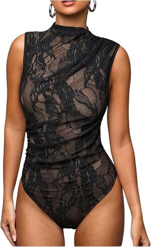 SHENHE Women's Sheer Lace Mock Neck Ruched Sleeveless Sexy Going Out Tank Top Bodysuit in Saudi Arabia