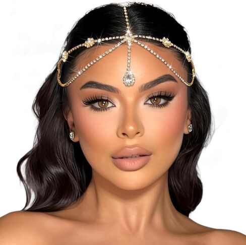 Gold Rhinestone Head Chain Crystal Pendant Headbands Layered Headpiece Festival Valentines Prom Costume Hair Accessories for Women in Saudi Arabia