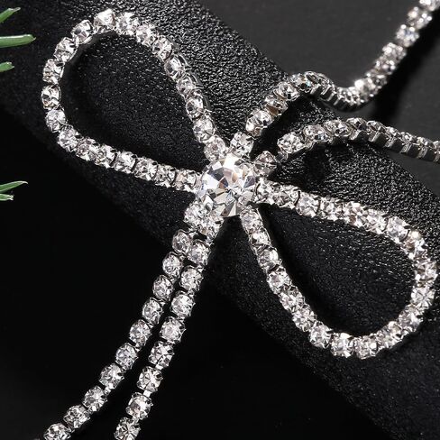 سباركلي حجر الراين القوس المختنق قلادة للنساء لذيذ كريستال تنس طويل شرابة سلسلة Bowknot قلادة الأزياء بيان الفضة الوهق Y القلائد حفلة موسيقية الزفاف حزب اللباس مجوهرات الهدايا لها in Saudi Arabia