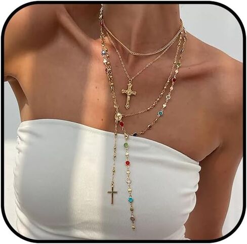 4PCS الطبقات الذهب الصليب القلائد للنساء متعدد حبلا الملونة مسبحة قلادة مجموعة العصرية البوهيمي حبة اللؤلؤ Y قلادة طويلة قلادة قابل للتعديل الذهب المكدس قلادة مجوهرات الإكسسوار in Kuwait