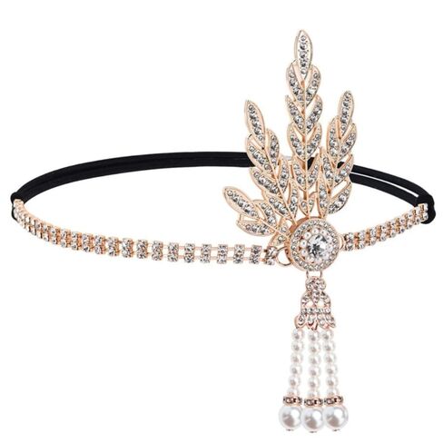 HPMAISON 1920s Flapper Headpiece for Women Vintage Roaring 20s Accessories Great Gatsby Hair Band عصابة رأس مطاطية Showgirls Fascinators للحفلات التنكرية، ذهبي حجر الراين Flapper in Kuwait