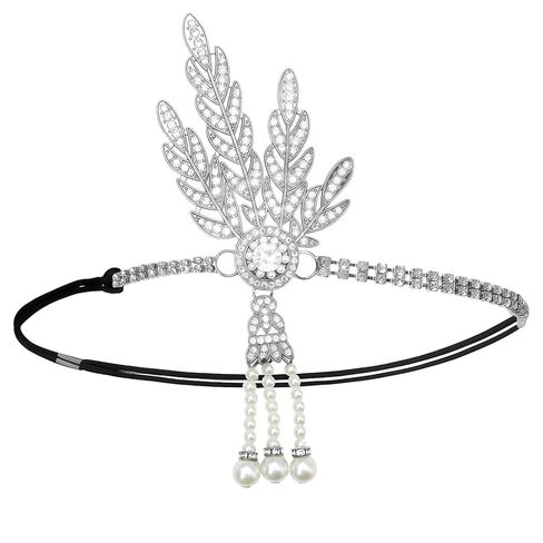 HPMAISON 1920s Flapper Headpiece for Women Vintage Roaring 20s Accessories Great Gatsby Hair Band عصابة رأس مطاطية Showgirls Fascinators للحفلات التنكرية، ذهبي حجر الراين Flapper in Kuwait