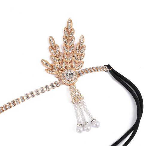 HPMAISON 1920s Flapper Headpiece for Women Vintage Roaring 20s Accessories Great Gatsby Hair Band عصابة رأس مطاطية Showgirls Fascinators للحفلات التنكرية، ذهبي حجر الراين Flapper in Kuwait