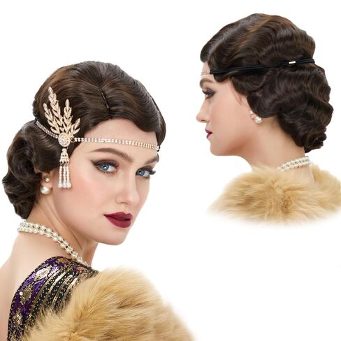 HPMAISON 1920s Flapper Headpiece for Women Vintage Roaring 20s Accessories Great Gatsby Hair Band عصابة رأس مطاطية Showgirls Fascinators للحفلات التنكرية، ذهبي حجر الراين Flapper in Kuwait