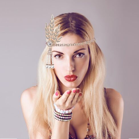 HPMAISON 1920s Flapper Headpiece for Women Vintage Roaring 20s Accessories Great Gatsby Hair Band عصابة رأس مطاطية Showgirls Fascinators للحفلات التنكرية، ذهبي حجر الراين Flapper in Kuwait
