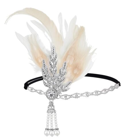 HPMAISON 1920s Flapper Headpiece for Women Vintage Roaring 20s Accessories Great Gatsby Hair Band عصابة رأس مطاطية Showgirls Fascinators للحفلات التنكرية، ذهبي حجر الراين Flapper in Kuwait