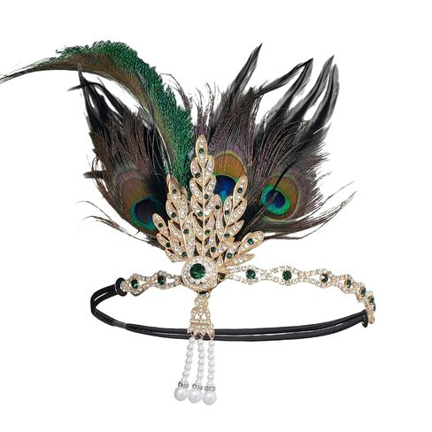HPMAISON 1920s Flapper Headpiece for Women Vintage Roaring 20s Accessories Great Gatsby Hair Band عصابة رأس مطاطية Showgirls Fascinators للحفلات التنكرية، ذهبي حجر الراين Flapper in Kuwait